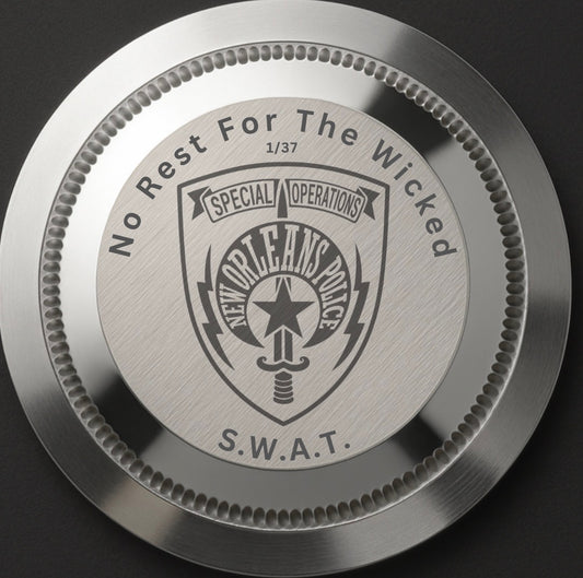 CUSTOM SKULL SWORD NEW ORLEANS POLICE LOGO WATCH, BACK ENGRAVING