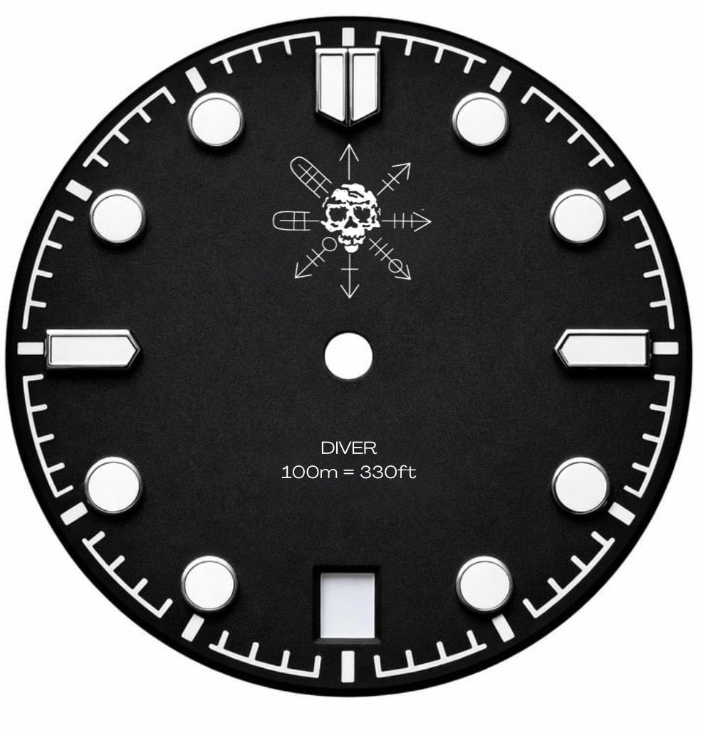 CUSTOM BLACK TITANIUM DIVER, SKULL LOGO, BACK ENGRAVING, RUBBER AND NATO STRAP