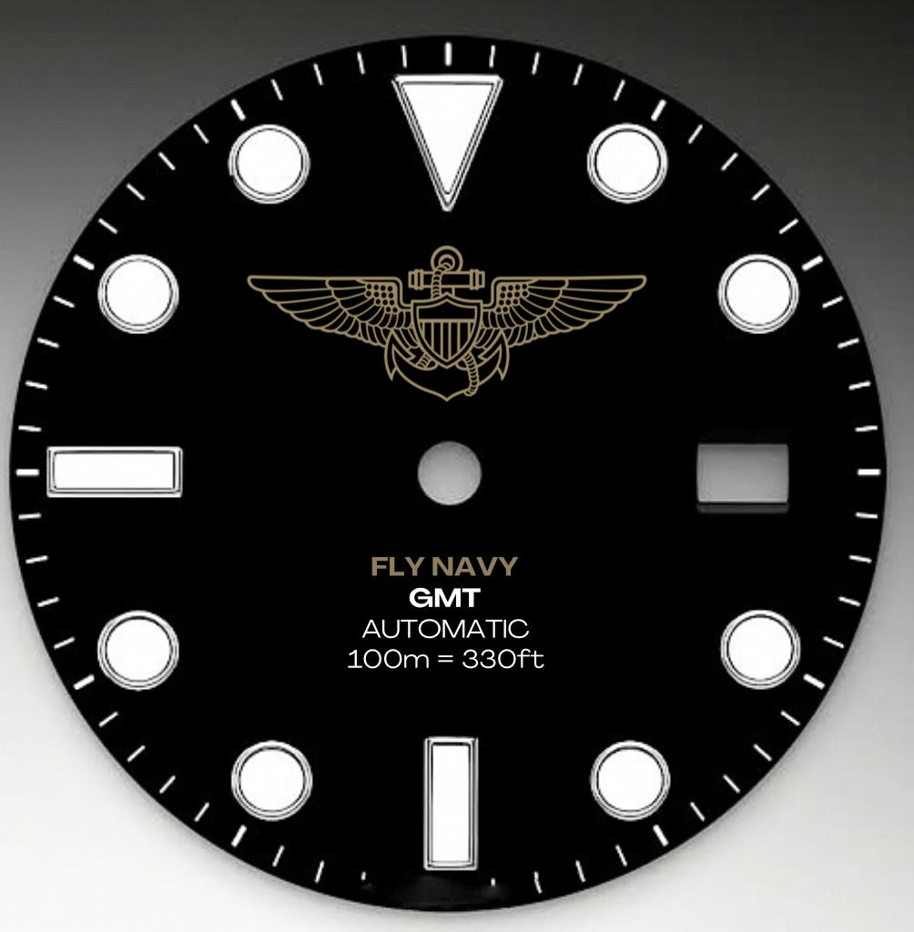 CUSTOM BLACK GMT, NAVY WINGS FLY NAVY, RED GMT HAND, 5 LINK