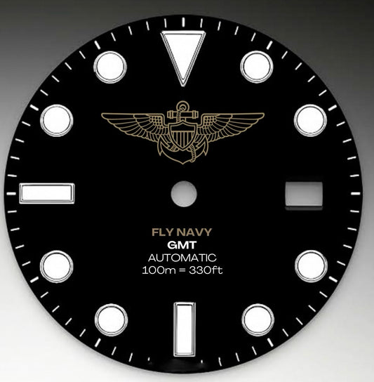 CUSTOM BLACK GMT, NAVY WINGS FLY NAVY, RED GMT HAND, 5 LINK