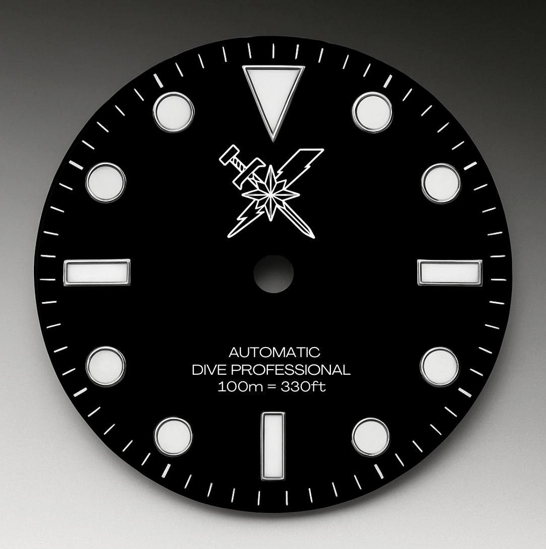 CUSTOM BLACK DIVE PROFESSIONAL, MERC HANDS, SWORD LIGHTING LOGO, NO DATE, BACK ENGRAVING