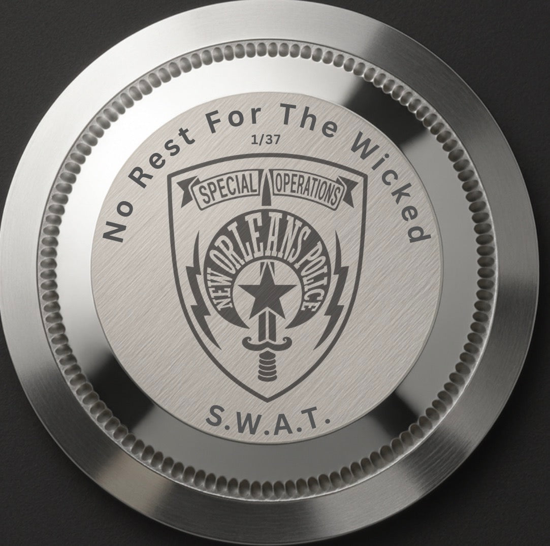 CUSTOM SKULL SWORD NEW ORLEANS POLICE LOGO WATCH, BACK ENGRAVING