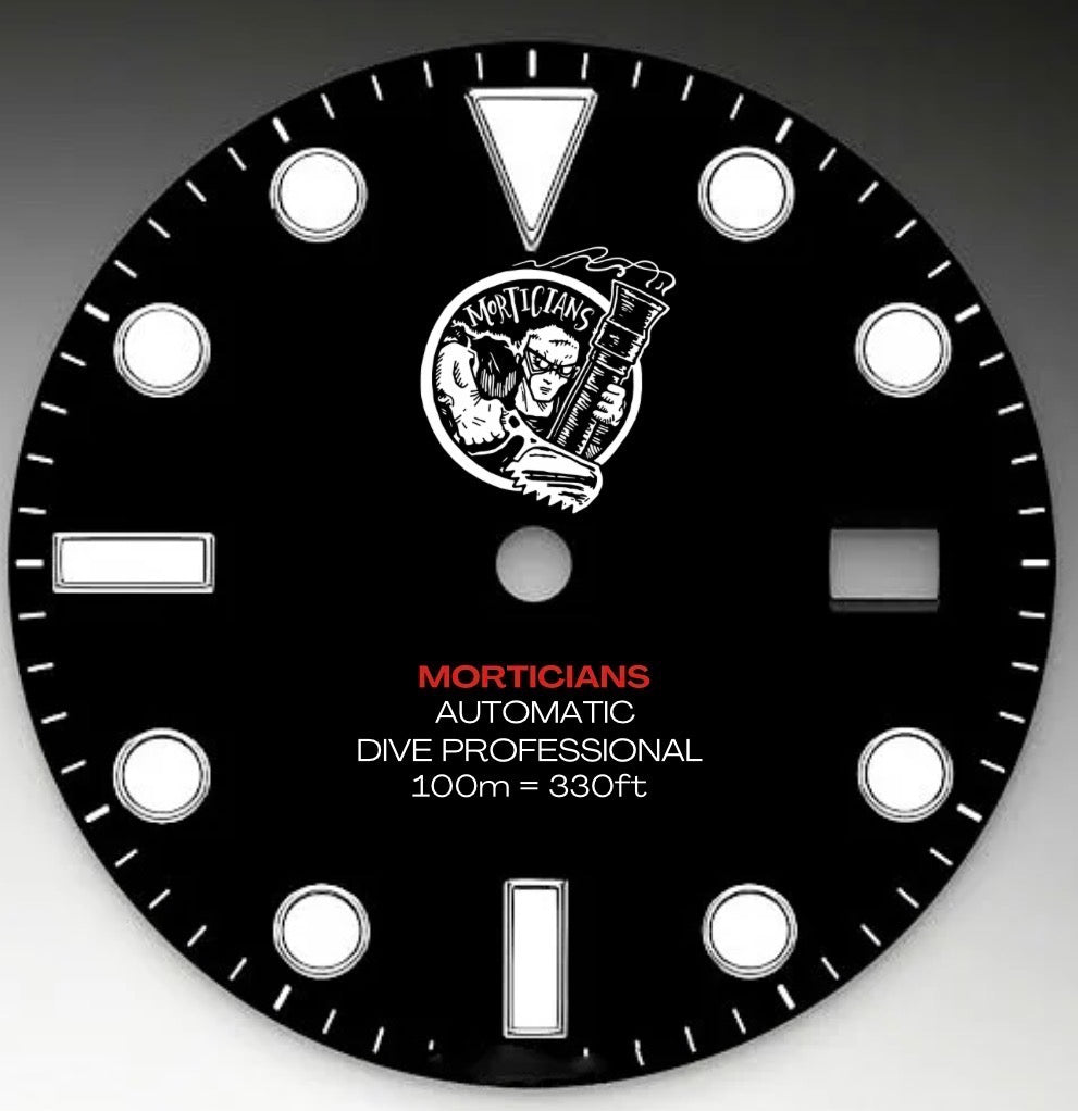 CUSTOM BLACK DIVE PROFESSIONAL, morticians dial, sword hands, date, no cyclops, back engraving