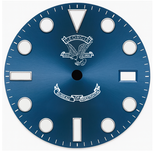 CUSTOM GEORGIA EAGLE BLUE YACHT RACER, Silver bezel, silver Mercedes hands, 5 link bracelet