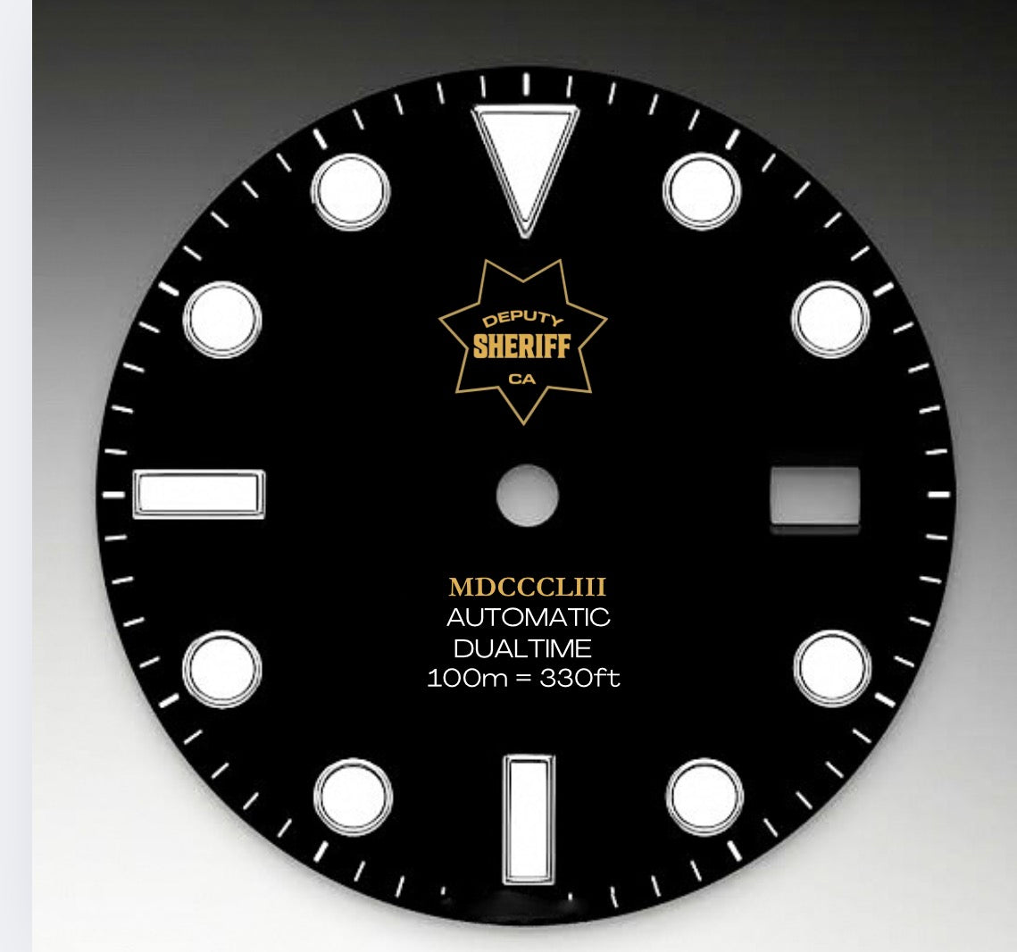 CUSTOM MATTE BLACK DUALTIME, SHERIFF LOGO, SILVER MERC HANDS, BLUE SECOND HAND, BACK ENGRAVING