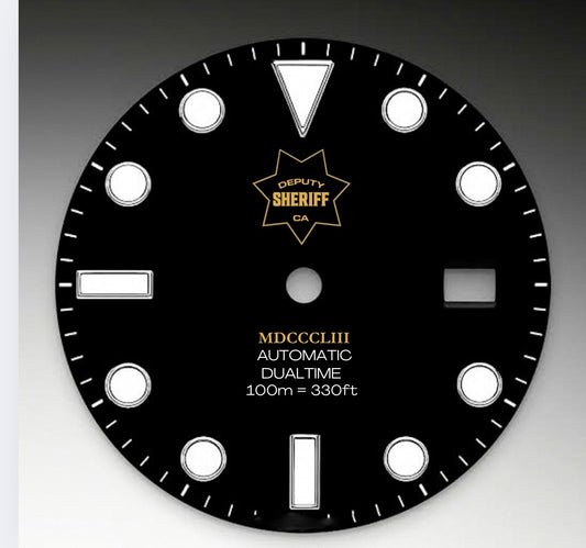 CUSTOM MATTE BLACK DUALTIME, SHERIFF LOGO, SILVER MERC HANDS, BLUE SECOND HAND, BACK ENGRAVING
